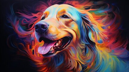 an expressive neon oil painting of a dog, using bold brushstrokes to depict its loyalty and endearing qualities.