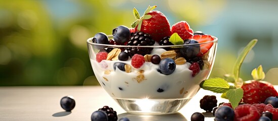 A healthy breakfast is a perfect way to start your day incorporating nutritious foods like fruits yogurt and milk while enjoying the wonders of nature making it a delightful and nourishing l - Powered by Adobe