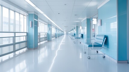 Naklejka na ściany i meble Empty modern hospital corridor with rooms and seats waiting room in medical office. Healthcare service interior