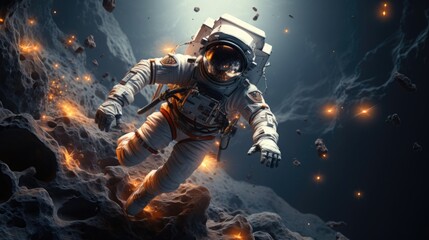 Astronaut floating in zero gravity outside a space station - obrazy, fototapety, plakaty