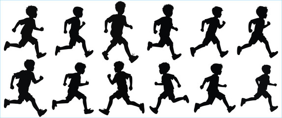 Running people silhouette collection, Boy running pose silhouette, Silhouette of children running