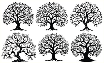 Tree silhouettes various trees on white background, Tree Brunch Silhouettes - obrazy, fototapety, plakaty