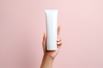 A model hand held a white simple lotion skincare cream tube bottle packaging on a black white background shot in a studio. Generative AI.