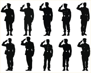 Military man salute silhouette, silhouette of a salute soldier - obrazy, fototapety, plakaty