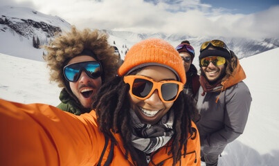 Snowboarders Selfie, Diverse Group on a Snowy Mountain