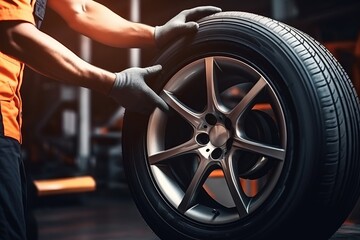 Car tire service with a mechanic holding a new tire