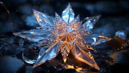 crystal snowflake on black background. 3d rendering, 3d illustration.