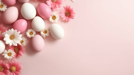 Fototapeta na wymiar Easter eggs and spring flowers, festive, trendy, farmhouse style design illustration,minimalism,copy space