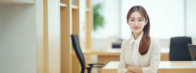 Office background. Copy space. Portrait of beautiful asian businesswoman looks at the camera and smiles. Feminine business and career success concept. Ai generative
