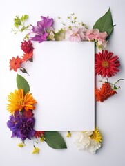 Vertical top view blank card with flowers Abstract organic flowers Blooming floral on white background for invitation card