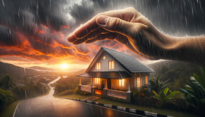 Hand like an umbrella. Family house covered with man palms. home protection and insurance concept. Safe residence area. Ai generative - obrazy, fototapety, plakaty