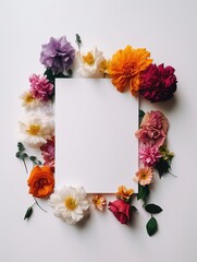 Obraz premium Vertical top view blank card with flowers Abstract organic flowers Blooming floral on white background for invitation card