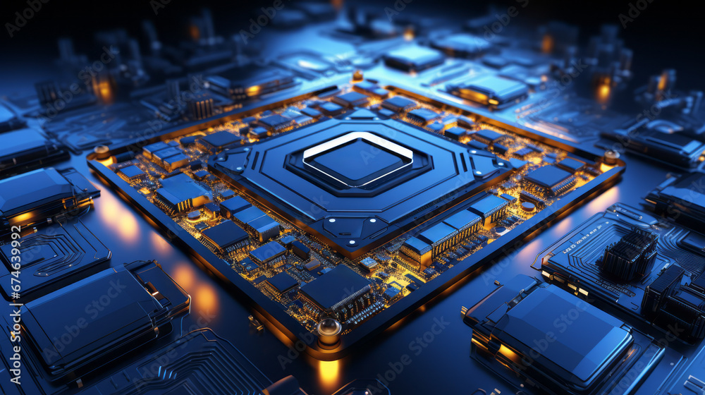 Poster closeup hardware background of motherboard. circuit cpu microchip digital processor. concept of tech