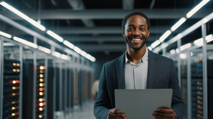 Portrait of Black Man with digital tablet. Internet Security Concept. Data Cloud Protection Network, Server Room backdrop, Ai Generative - Powered by Adobe