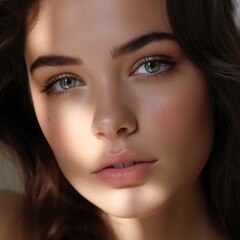 Close-up photo portrait of a beautiful charming woman with natural makeup