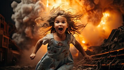 Dziewczynka uciekająca przed wybuchem.  - obrazy, fototapety, plakaty