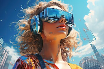 Nowoczesna dziewczyna w kolorowych okularach w futurystycznym mieście.  - obrazy, fototapety, plakaty