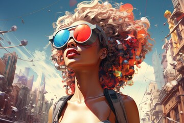 Nowoczesna dziewczyna w kolorowych okularach w futurystycznym mieście. 