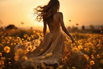 Piękna dziewczyna w zwiewnej sukience na polanie pełnej żółtych kwiatów  - obrazy, fototapety, plakaty
