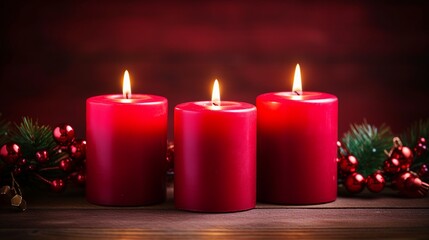 Obraz na płótnie Canvas Advent Candles Burning in Red Wreath - Traditional Christmas Symbolism