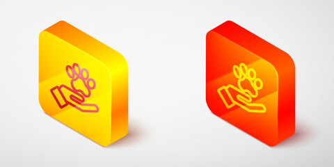 Isometric line Hands with animals footprint icon isolated on grey background. Pet paw in heart. Love to the animals. Yellow and orange square button. Vector