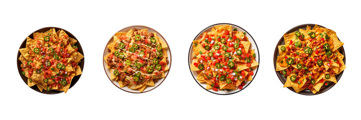 Set of Plate Of tasty spicy Mexican nachos top view isolated on transparent or white background - obrazy, fototapety, plakaty