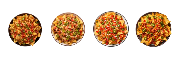 Fotobehang Set of Plate Of tasty spicy Mexican nachos top view isolated on transparent or white background © MaxSimplify