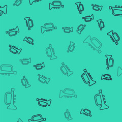 Obraz premium Black line Musical instrument trumpet icon isolated seamless pattern on green background. Vector