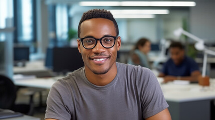 Black businessman in casual wear glasses in nice modern office. Man Look at the camera and smile. Concept of success in business. Ai generative. - Powered by Adobe