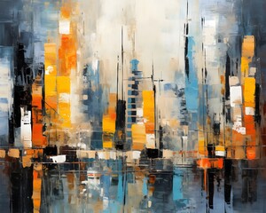abstract painting of a cityscape with blue and orange tones.