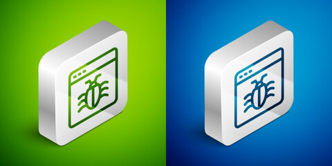 Isometric line System bug concept icon isolated on green and blue background. Code bug concept. Bug in the system. Bug searching. Silver square button. Vector