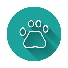White line Bear paw footprint icon isolated with long shadow background. Green circle button. Vector