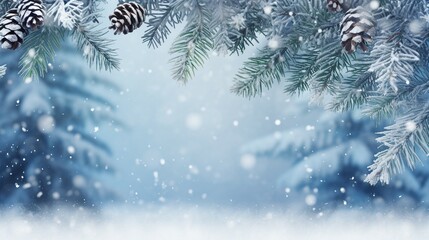 Fototapeta na wymiar Snowy Winter Christmas Background with Fir Branches for Seasonal Greetings and Designs