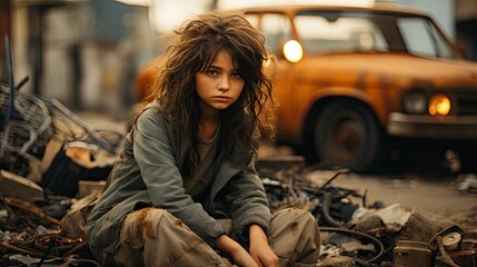 Poor girl in the street of a destroyed city