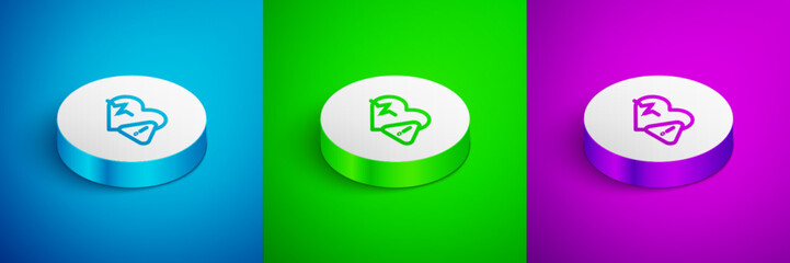 Isometric line Heart rate icon isolated on blue, green and purple background. Heartbeat sign. Heart pulse icon. Cardiogram icon. White circle button. Vector
