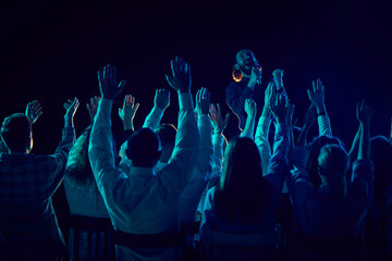 Group of of different people attending concert, stand up show, cheerfully spending time with jokes and funny stories. Applauding. Concept of entertainment, fun and joy, concert, performance - obrazy, fototapety, plakaty