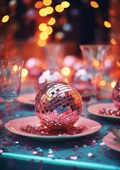 christmas table setting with pink shiny disco balls, plates and glasses. Season greetings concept. Generative AI