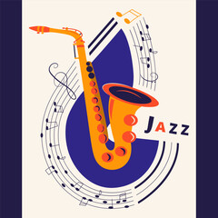 Music poster with saxophone and sheet music. Geometric composition. Blue, light blue, yellow, coral color. For banners, invitation