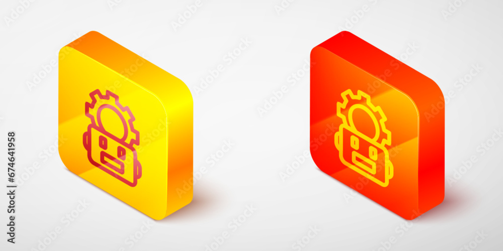 Poster isometric line robot setting icon isolated on grey background. artificial intelligence, machine lear