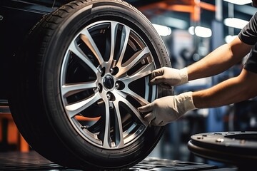 A mechanic changing tires in an automotive service center