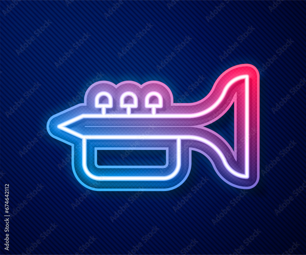 Poster glowing neon line trumpet icon isolated on blue background. musical instrument trumpet. vector