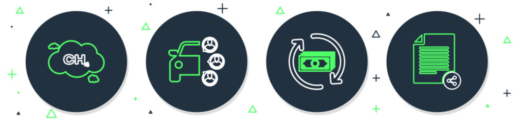 Set line Car sharing, Refund money, Methane emissions reduction and Share file icon. Vector