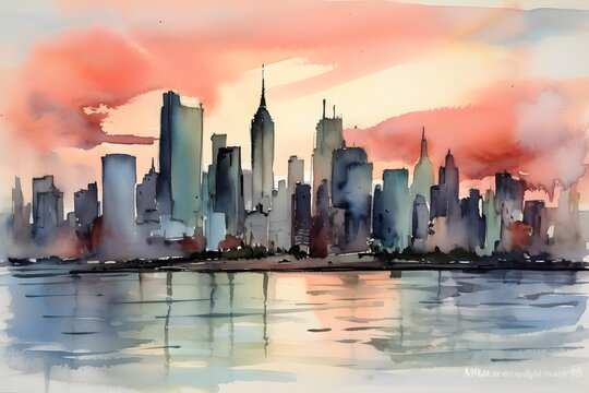Digital painting of the skyline of New York City at sunset, USA