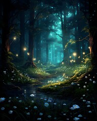 Mystical dark forest with a path in the center of the image. Illustration