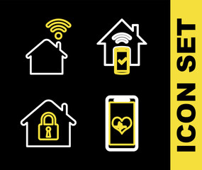 Set line Smart home remote control system, Mobile with wi-fi wireless, House under protection and icon. Vector