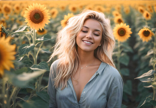 A happy young blonde-haired woman in a sunflower field.