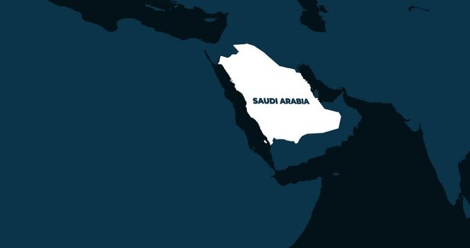 World Map Zoom In To Saudi Arabia. Animation in 4K Video. White Saudi Arabia Territory On Dark Blue World Map