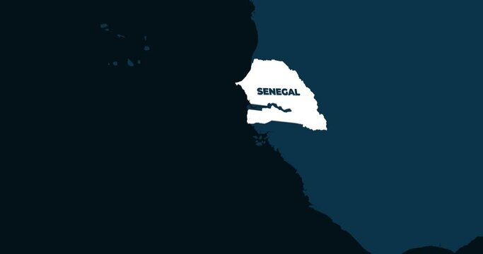 World Map Zoom In To Senegal. Animation in 4K Video. White Senegal Territory On Dark Blue World Map