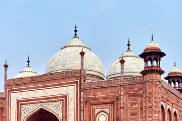 Close up Jawab Taj Mahal domes white marble mausoleum landmark in Agra, Uttar Pradesh, India