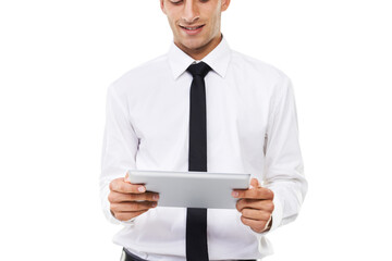 Business man, hands and tablet in studio for planning research, information and update software on white background. Happy employee with digital technology for social media, internet network and app